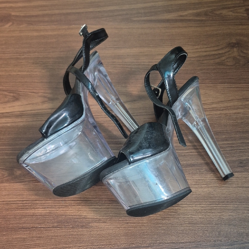Pleaser Black Strappy Clear Platform Stiletto Sandals